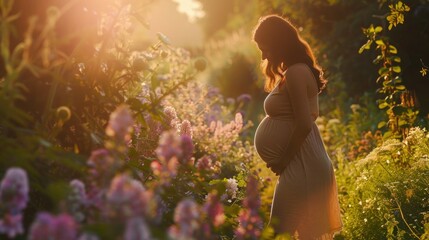 Beautiful pregnant woman in a garden at sunset, surrounded by colorful flowers and bathed in warm golden sunlight.