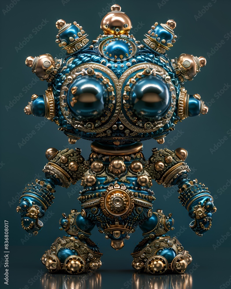 Poster a robot with gold and blue beads on its head and body. the robot is standing on a shiny surface