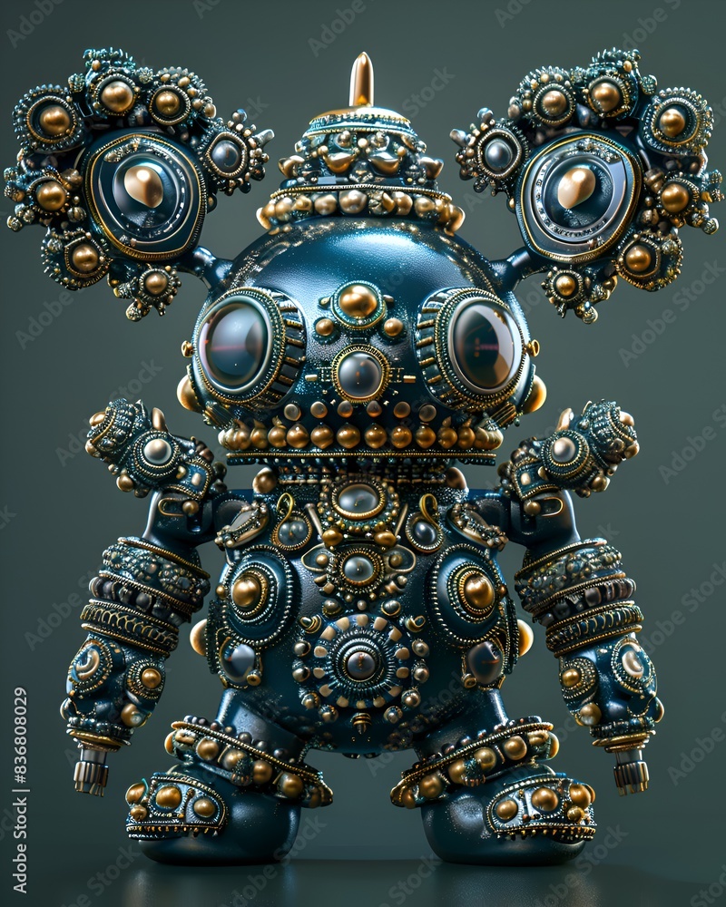 Poster a robot with gold and blue beads on its head and body. the robot is standing on a shiny surface