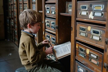 Child sits on the floor engrossed in a book beside an old wooden card catalog