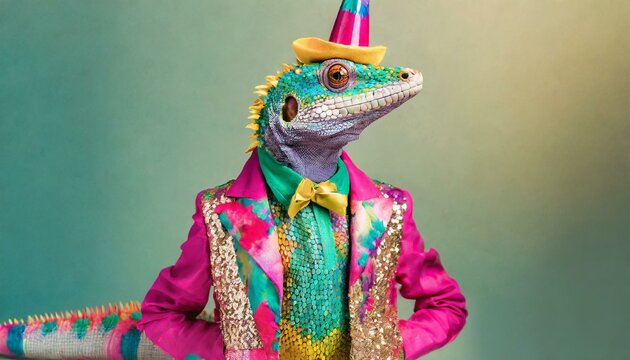 Reactive animal concept. Gecko reptile in glam fashionable couture high end outfit, isolated on glossy background advertising, birthday party invitation banner