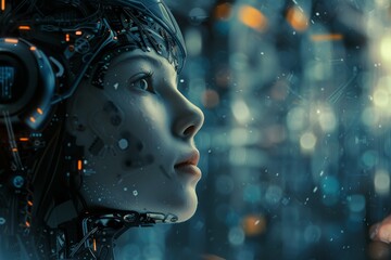 Humanoid Robot in a Neon-Lit Cityscape with Bokeh Lights
