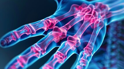 A hand with pink and blue bones and joints