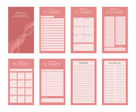 Planner template set, personal journal layouts, daily, weekly, monthly yearly planner pages design