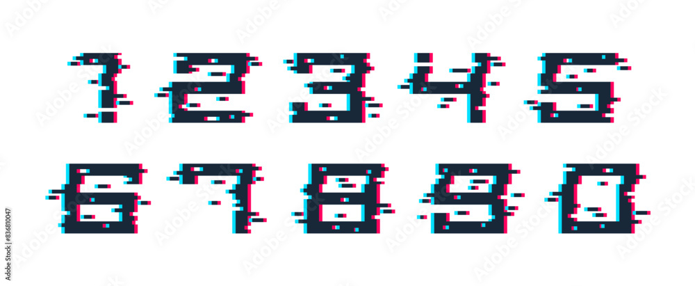 Poster glitch noisy geometric vector numbers set in analog style, futuristic cyberpunk numerals with digita