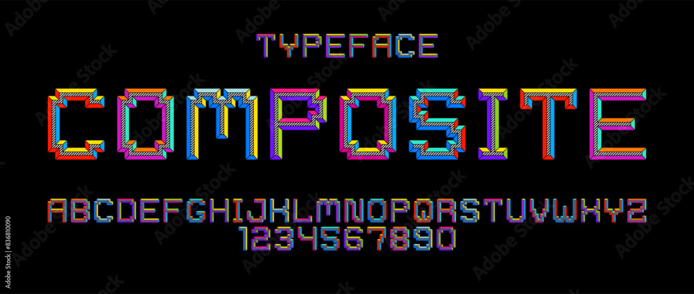 Poster child constructor colorful minimal square vector font with bevel effect, letters and numbers alphabe