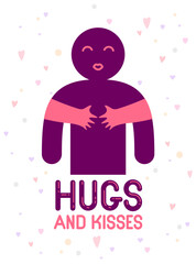 Hugs and kisses with loving hands of beloved person and kissing lips, lover woman hugging his man and shares love, vector icon logo or illustration in simplistic symbolic style.