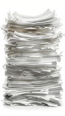 Towering Stack of Unsorted Papers, Office Document Overload Symbol, Cluttered Workload Concept, White Background, Excess Paperwork Stress, Business Organization Challenge, Administrative Task Pile