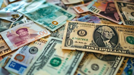 Fototapeta premium A pile of different currencies including a one dollar bill