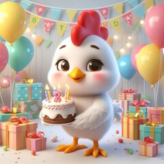 Obraz premium cute chicken holding decoration party birthday cartoon, 3D Generative AI