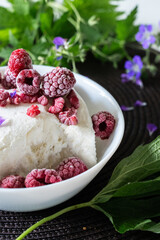 Vanilla ice cream with raspberries