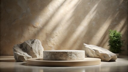 stone platform for product demonstration with stone decorations, natural light, soft brown tones