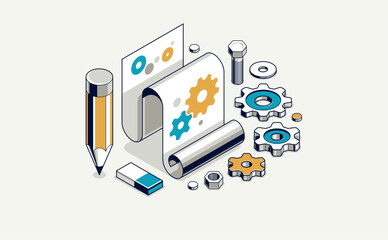 Mechanical engineering project concept, engine draft plan drawing, technical scheme blueprint, paper sheet with gears and pencil 3D isometric vector illustration, repair tutorial.