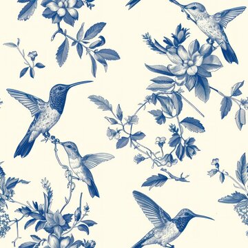 toile de jouy seamless repeating hummingbird pattern in blue