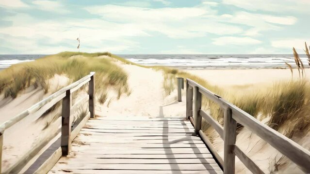 A path to the beach with old wooden fences and sand dunes