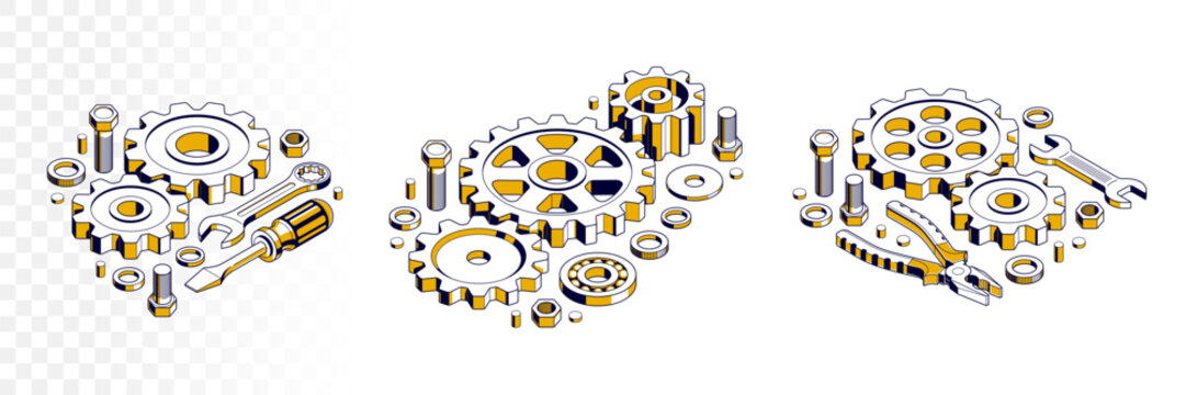 Repair and maintenance concept set, technics service, gears and tools in 3D isometric projection vector illustration, technical mechanical workshop.