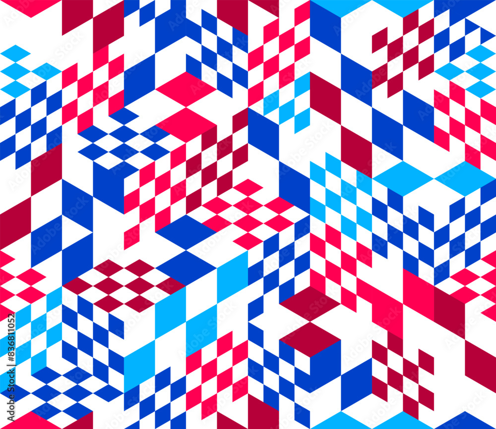 Poster seamless isometric rhombus and triangles geometric pattern, 3d cubes vector tiling background, archi