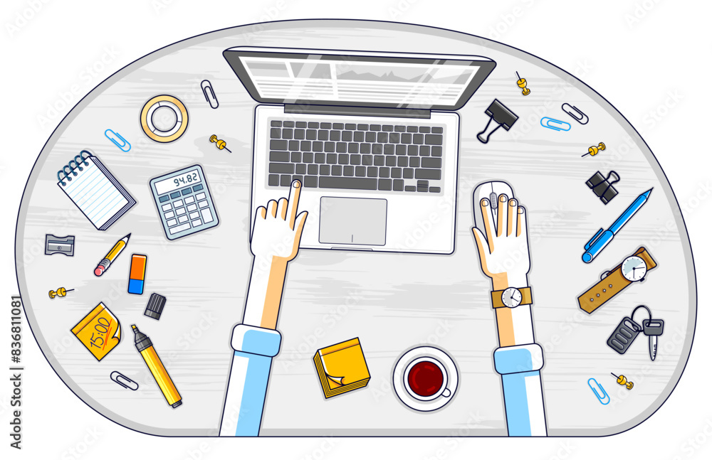 Poster office worker or entrepreneur working on a pc notebook, top view of workspace desk with human hands 