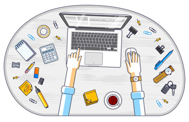 Office worker or entrepreneur working on a PC notebook, top view of workspace desk with human hands and diverse stationery objects. All elements are easy to use separately. Vector illustration.