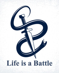 Dagger kills a Snake, defeated Serpent wraps around a sword vector vintage tattoo, Life is a Fight concept, life is no bed of roses, allegorical logo or emblem of ancient symbol.