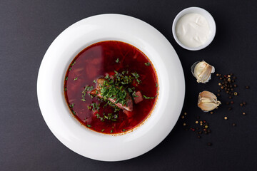 Ukrainian dish.  Borscht with meat and sour cream.