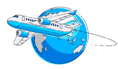 Airlines air travel emblem or illustration with plane airliner and planet earth. Beautiful thin line vector isolated over white background.