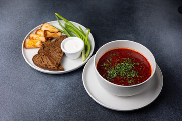 Ukrainian dish.  Borscht with meat and sour cream.