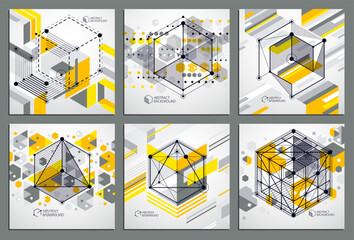Engineering technology vector yellow wallpapers set made with 3D cubes and lines. Engineering technological wallpaper made with honeycombs. Abstract technical background.