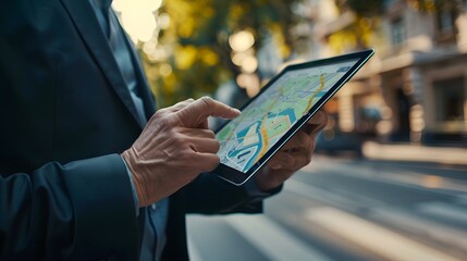 Close up of businessman holding tablet with map on screen, showing route to other place