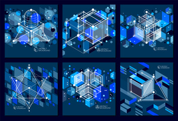 Abstract vector geometric isometric dark blue backgrounds set. Mechanical scheme, vector engineering drawing with cube and geometric mechanism parts.