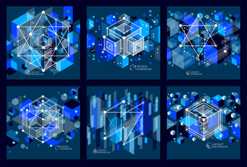 Trendy geometric vector patterns set, textured abstract cube mesh blue black background. Technical plan, abstract engineering draft for use in graphic and web design.