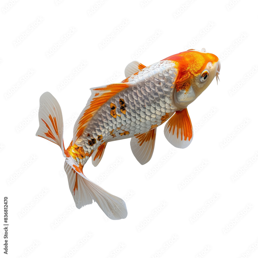 Wall mural A gold and white fish with orange fins is swimming in the water - Wall murals