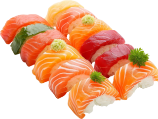 Assorted fresh nigiri sushi with salmon, tuna, and yellowtail on white background. Perfect for Japanese cuisine and seafood themes.