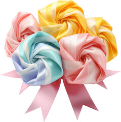 Fototapeta premium Colorful bouquet of satin ribbon flowers, intricately arranged showcasing soft pastels, perfect for crafts, decor, or gift embellishments.