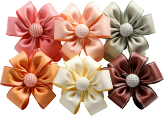Colorful fabric flower bows with detailed textures displayed in a grid pattern, perfect for decorations and crafts.