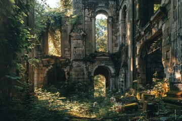 Fototapeta premium Magical view of sunlight streaming through the arches of overgrown ruins