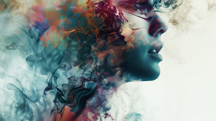 Dream thoughts concept, smoky colorful woman head