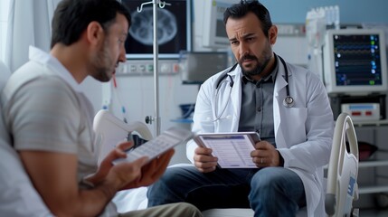 Obraz premium A professional doctor in a white coat consulting with his patient in a modern hospital room, discussing medical records on a tablet while both are seated comfortably.