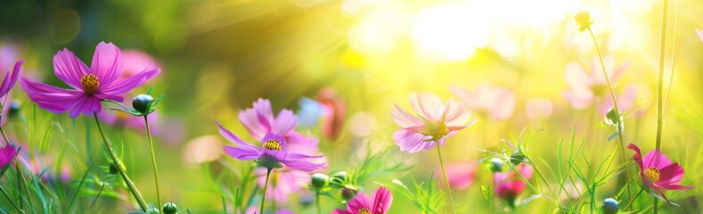 Beautiful cosmos flowers in the garden with a blurred background, a spring floral landscape banner, a panoramic view, spring meadow flower field
