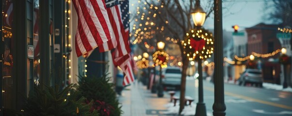 A series of United States flag banners hanging from lamp posts along a main street, with festive decorations and lights.
