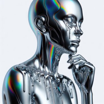 Futuristic woman mannequin from liquid holographic metal with dripping melted chrome