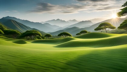 green hills and green meadow in mountains. natural scenery.