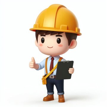 3D cartoon construction worker Isolated on white background