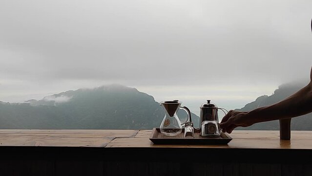 Silhouette Hot Coffee Drip set in  Ban Pha hee or Ban Pha Hi Village ( Lahu ) is a mountain village in the tambon Pong Ngam in Chiang Rai - Breakfast Drink and Food in the Morning 