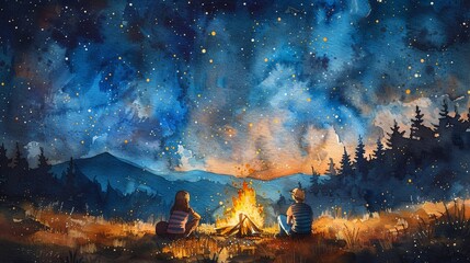 Fototapeta premium Friends camping under a watercolor starry sky, sitting by a bonfire and roasting marshmallows, Watercolor, Soft, Cozy