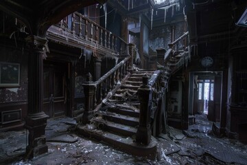 Eerie image of a dilapidated staircase in an abandoned victorian mansion with decay and debris