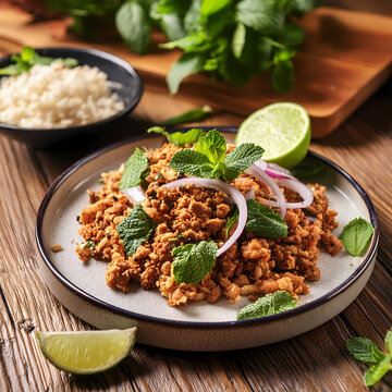 savory plate of larb with minced chicken