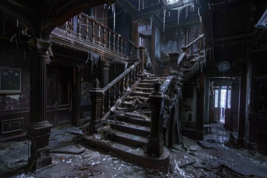 Eerie image of a dilapidated staircase in an abandoned victorian mansion with decay and debris