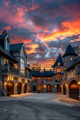 Fototapeta premium Stunning luxury home exterior at sunset with colorful sky and expansive driveway