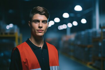 portrait of caucasian warehouse worker looking at camera in factory